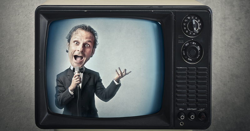 caricatura di un presentatore in tv