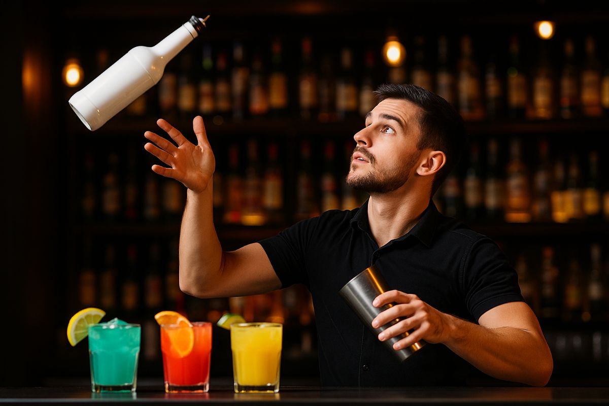 barman acrobatico prepara dei cocktail